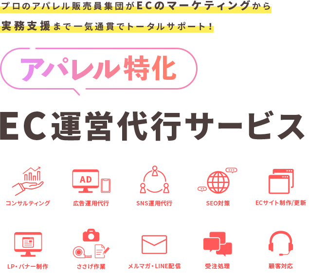 アパレル特化 EC運営代行サービス プロのアパレル販売員集団がECのマーケティングから実務支援まで一気通貫でトータルサポート！